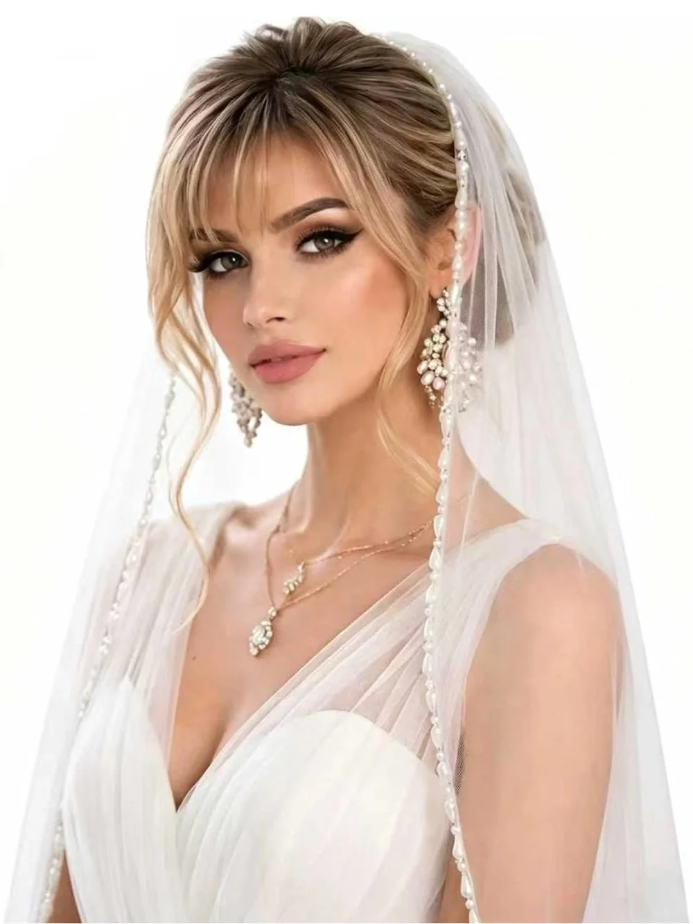 Fingertip Wedding Veil 1-Layer Pearl Edge, Soft Tulle Bridal Veil with Comb for